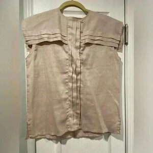 VTG Carry Back Cream Ramie Blend Pleated Bibbed Shoulder Quarter Button Size 8